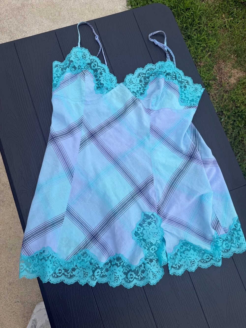 Vintage y2k 2001 Victoria’s Secret Lace-Trim Sky Blue Chemise Slip